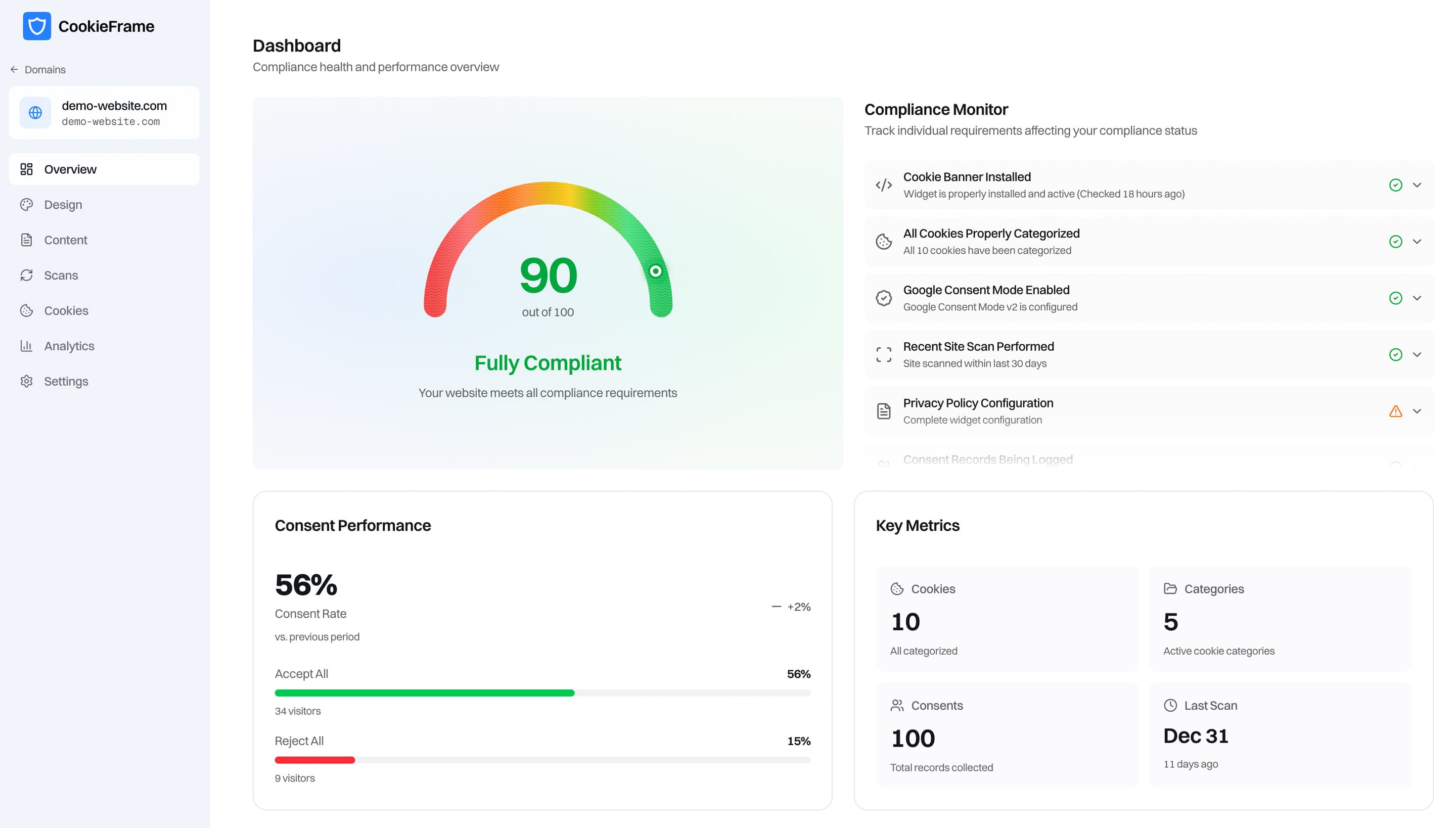 CookieFrame cookie consent management dashboard showing automated GDPR compliance, cookie scanner results, and consent banner customization interface